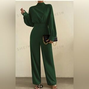 Mock Neck Lantern Sleeve Wide Leg Jumpsuit